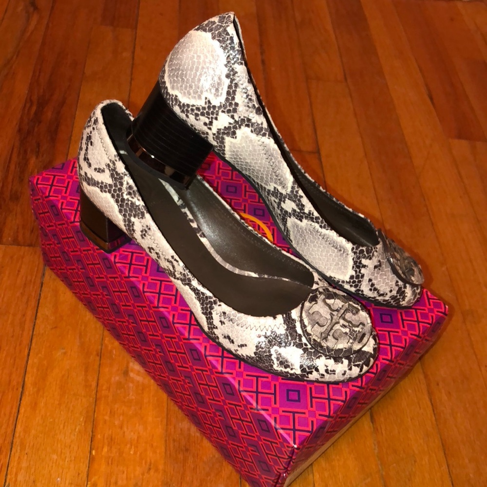 Authentic Tory Burch “Amy” Heels in Python Print